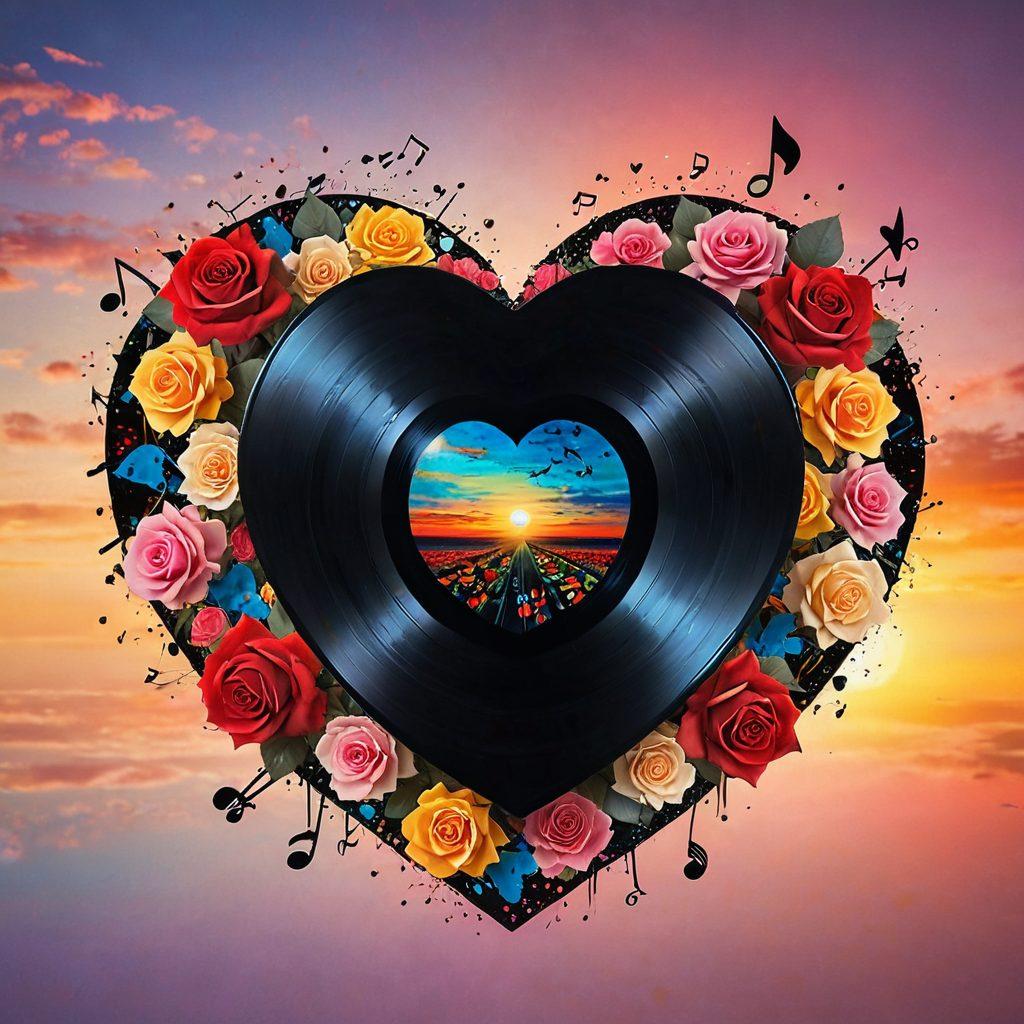 A heart-shaped vinyl record splattered with colorful musical notes, surrounded by delicate roses and vintage microphones, symbolizing the journey from powerful rock ballads to soft acoustic love songs. Set against a dreamy sunset background, evoking feelings of nostalgia and romance. super-realistic. vibrant colors. soft focus.