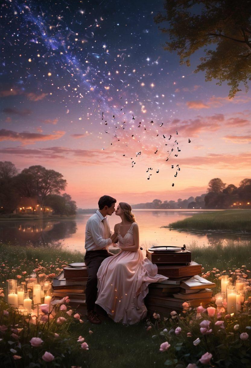 A whimsical scene featuring a couple in a heartfelt embrace beneath a starlit sky, surrounded by floating musical notes that represent romantic melodies. Delicate flowers and soft candlelight enhance the sentimental atmosphere, while soft colors evoke warmth and love. Elements like a vintage record player and sheet music scattered around add a nostalgic touch. Envision a blend of dreamy surrealism and warm pastel hues. super-realistic. vibrant colors. nighttime scene.