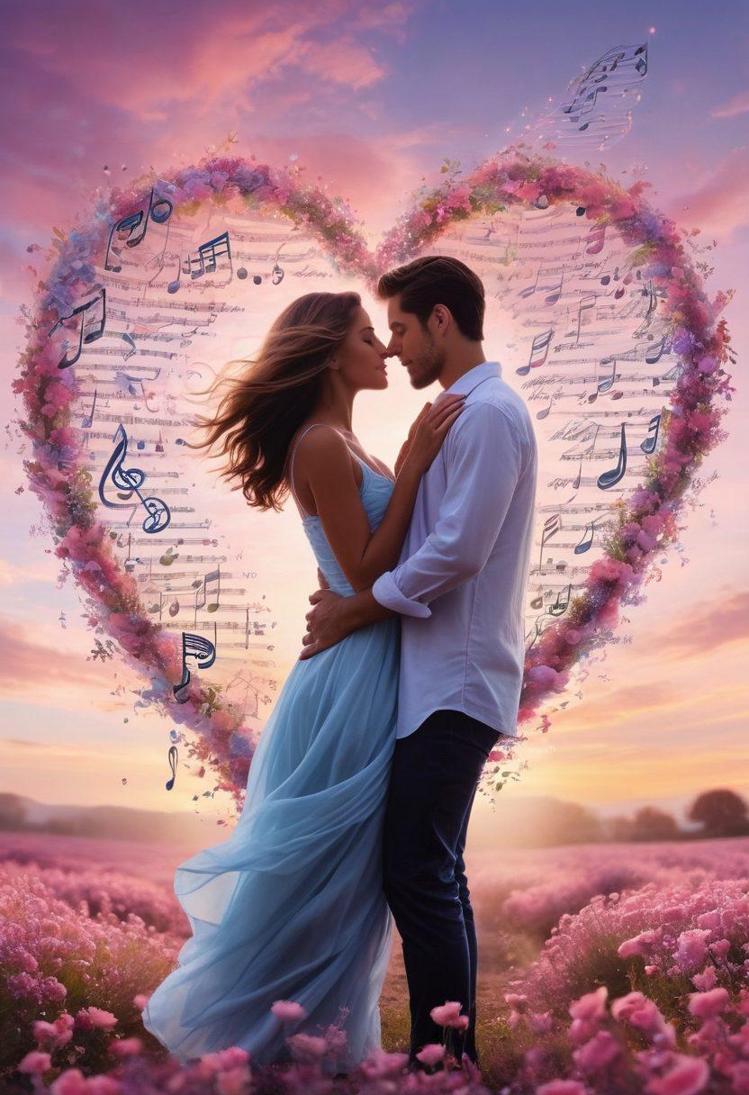 A heart-shaped collage of musical notes and lyrics floating in the air, intertwined with soft, glowing blooms and swirling, pastel colors. In the background, a silhouette of a couple enjoying a serene moment together, surrounded by a gentle musical aura. The scene conveys warmth and intimacy, reflecting love and emotion in music. dreamy art. vibrant colors. soft focus.